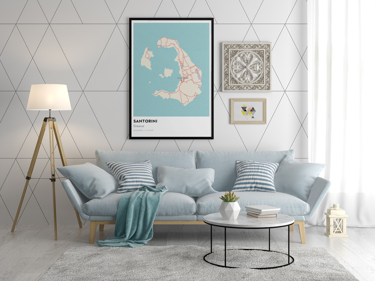 Framed map poster of Santorini
